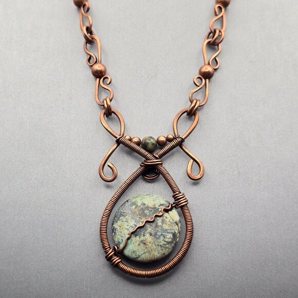 VTG Copper Wire Wrapped Jasper Pendant Necklace 18" Adjustable Length Statement - Picture 7 of 11